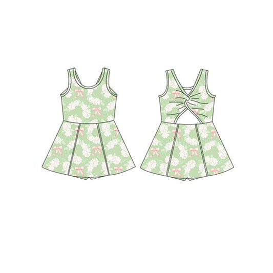 GSD2116Cute Sleeveless Green Floral and Bow-Themed Athletic Dresses for Girls