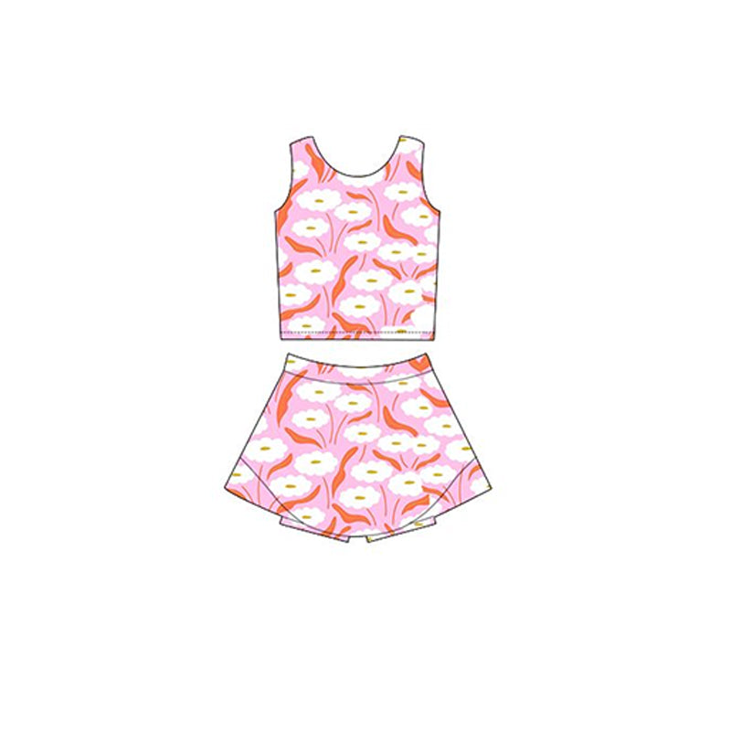 Girls’ Charming Pink-White Floral Sleeveless Active Top with Matching Skirt
