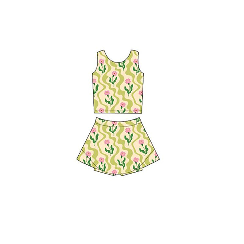 Girls’ Adorable Green-Pink Floral Sleeveless Top Skirt Outfit for Active Moments