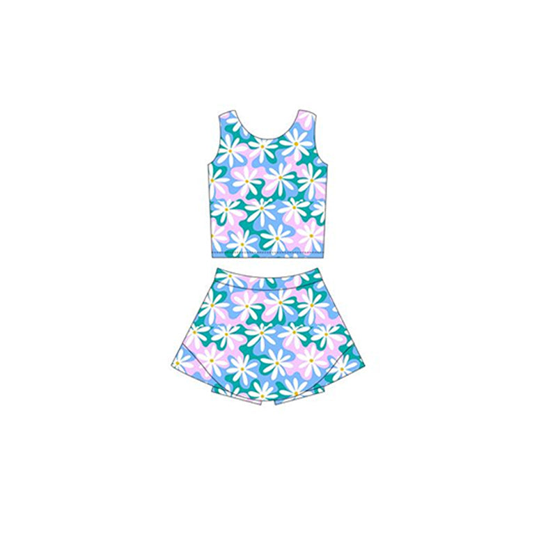 Delightful Light Blue Pink Floral Sleeveless Top and Skirt Set for Active Girls