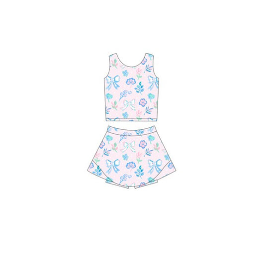 GSD2122Girls' Adorable Pink Floral Bow Sleeveless Top Skirt Ensemble for Active Moments