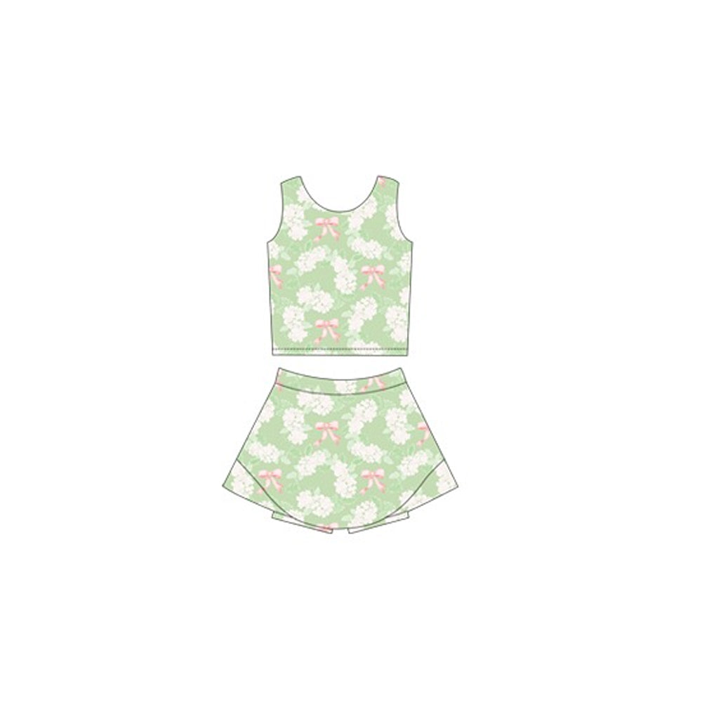 GSD2123Delightful Green White Floral Bow Sleeveless Top and Skirt Set for Active Girls