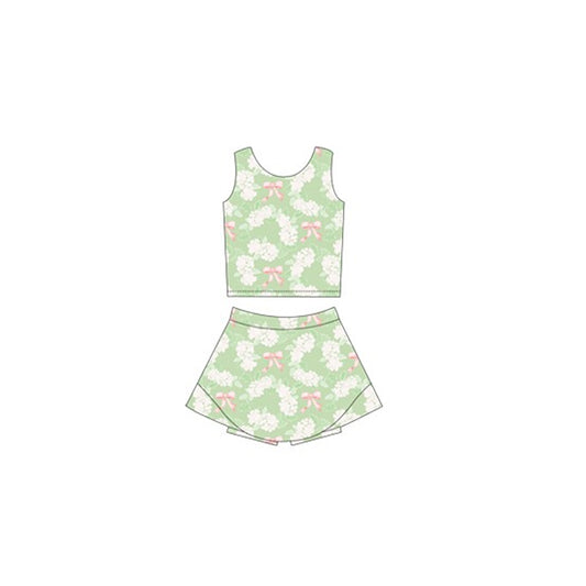 GSD2123Delightful Green White Floral Bow Sleeveless Top and Skirt Set for Active Girls