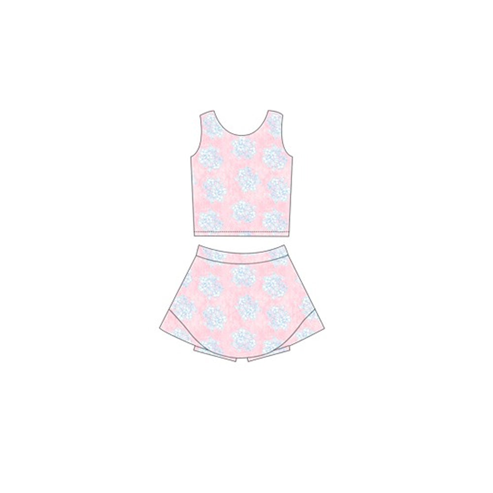 GSD2124Girls' Charming Pink and Light Blue Floral Top and Skirt Active Ensemble