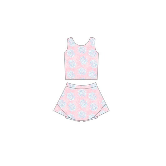 GSD2124Girls' Charming Pink and Light Blue Floral Top and Skirt Active Ensemble