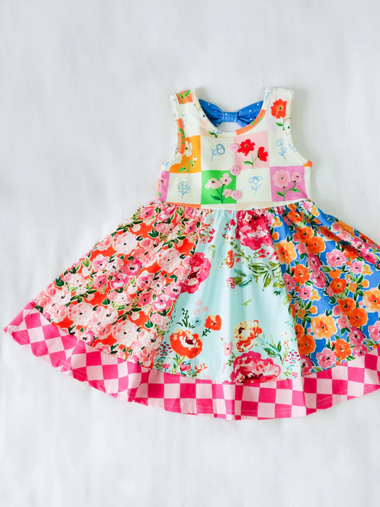 GSD2125Kids Girls Sleeveless Plaid Floral Patchwork Summer Dresses - Soft Cotton Casual Skirts for Spring Autumn