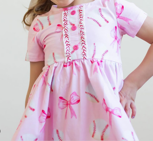 GSD2126Kids Girls Short Sleeve Pink Bow Baseball Dress Cute Children's Clothing