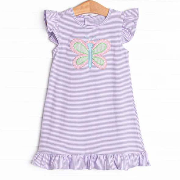 Baby Girls Dress Purple Stripe Dragonfly Ruffle Flutter Sleeves Cute Frock for Little Girls