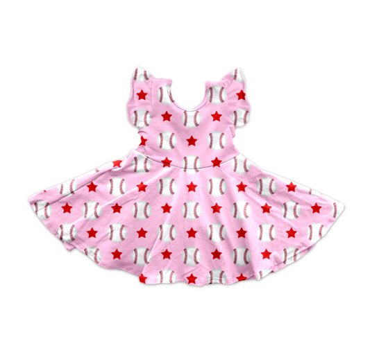 GSD2132Kids Girls Pink Baseball Stars Print Dress with Flutter Sleeves Cute Casual Fashionable Children's Clothing