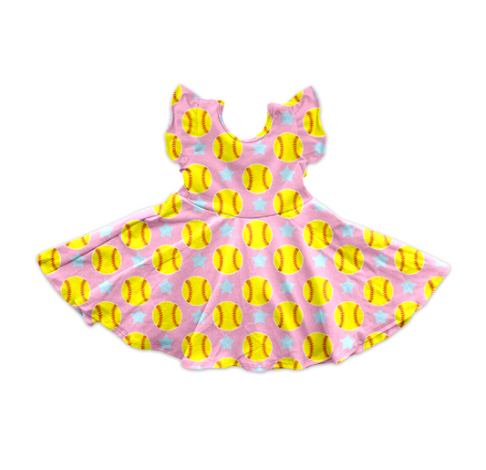GSD2133Kids Girls Pink Softball Stars Dress with Flutter Sleeves Little Girl's Casual Dresses
