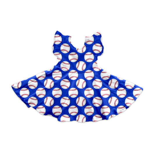 GSD2134Blue Baseball Kids Girls Dress with Flutter Sleeves Soft Lightweight Summer Casual Dress for Girls Ages 4-12