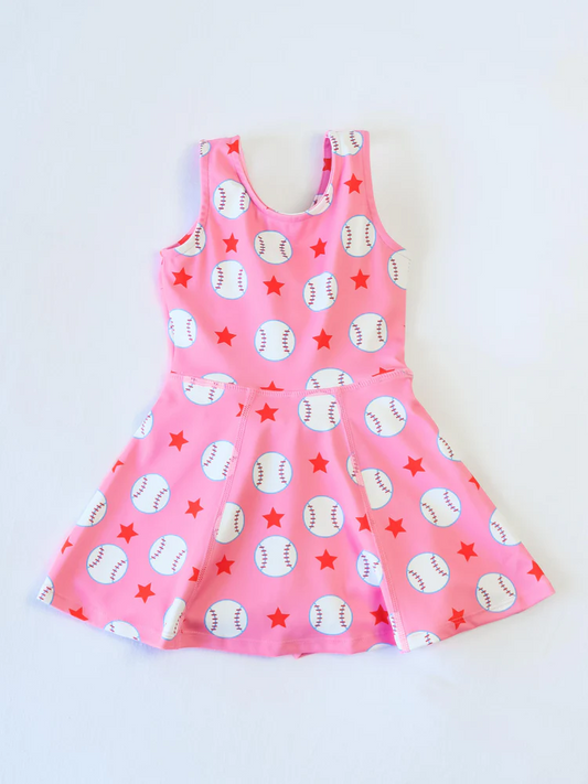 GSD2135Kids Girls Sleeveless Pink Baseball Stars Athletic Dresses - Comfortable Sportswear for Young Athletes