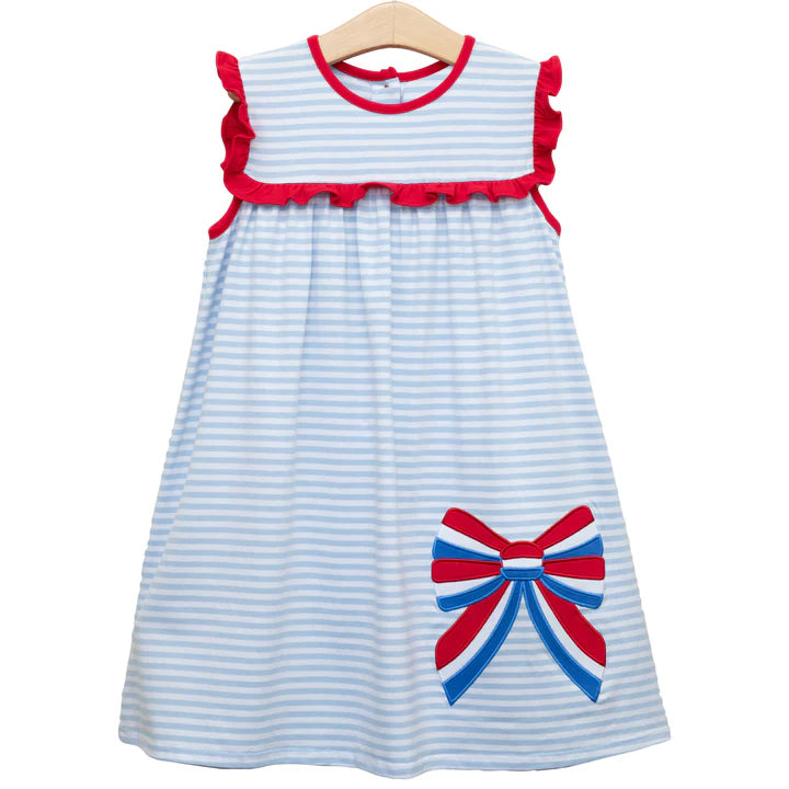 Girls Light Blue Stripe Ruffle Bow Tunic Shorts Set 4th of July Patriotic Clothing Outfit