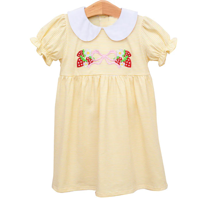 Baby Girls Dress Short Sleeves Yellow Stripe Strawberry Bow Cute Fashionable Kids Clothing for Girls