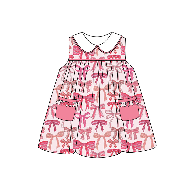 Girls Sleeveless Bow Pocket Tunic Short Set Pink Casual Comfortable Clothing for Kids