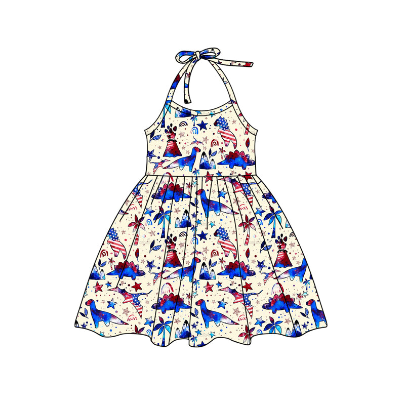 Girls Red Blue Dinosaur Halter Tunic Ruffle Shorts Outfit Set Cute Animal Print Halter Top Matching Ruffle Shorts
