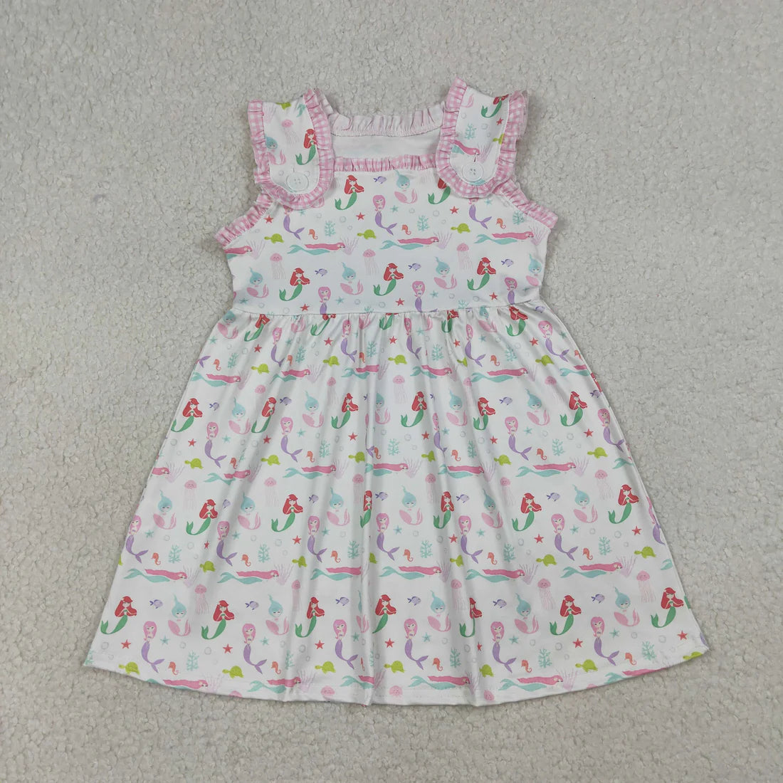 3.26 RTS Sibling Baby Girls Sleeveless Pink Sea Fishes Knee Length Dress Rompers