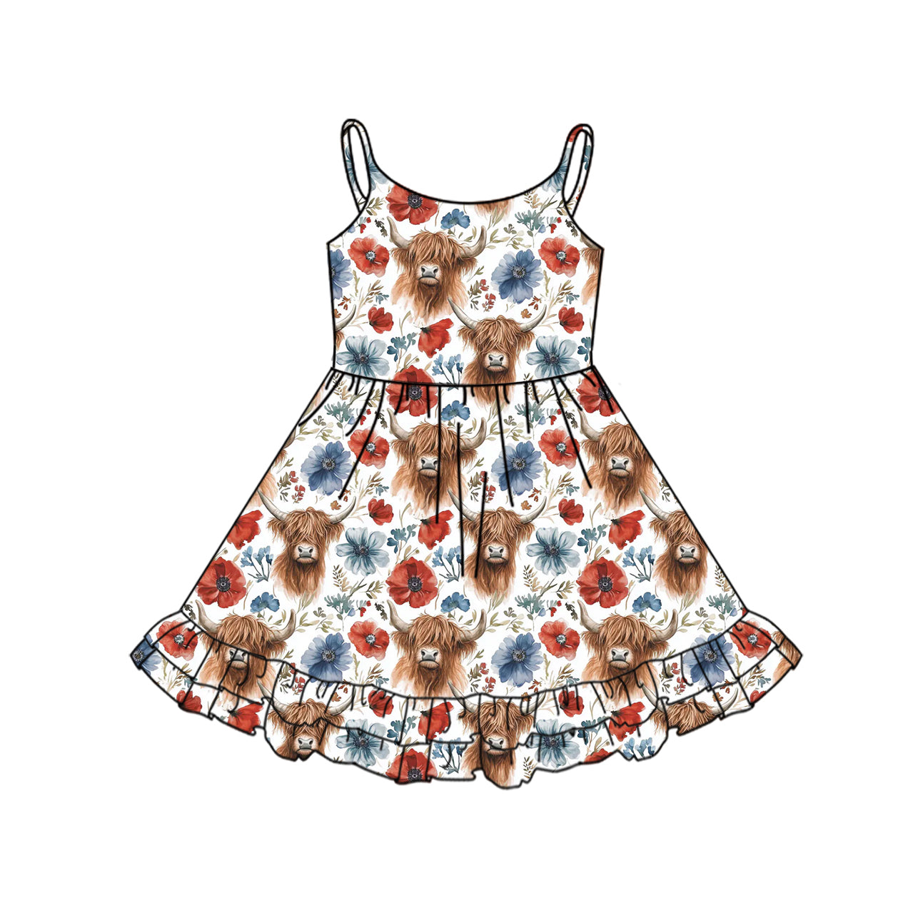 Girls Highland Cow Red Blue Floral Jumpsuit with Straps for 4th of July Celebration