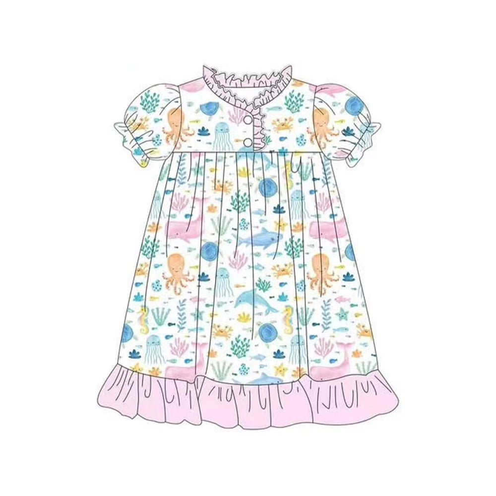 Girls Pink Short Sleeve Summer Pajamas Octopus Turtle Fish Fun Print Comfortable Sleepwear for Kids