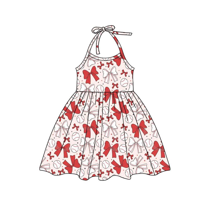 Kids Girls Short Sleeve Baseball Pajamas with Red Bow - Comfortable Sleepwear for Children
