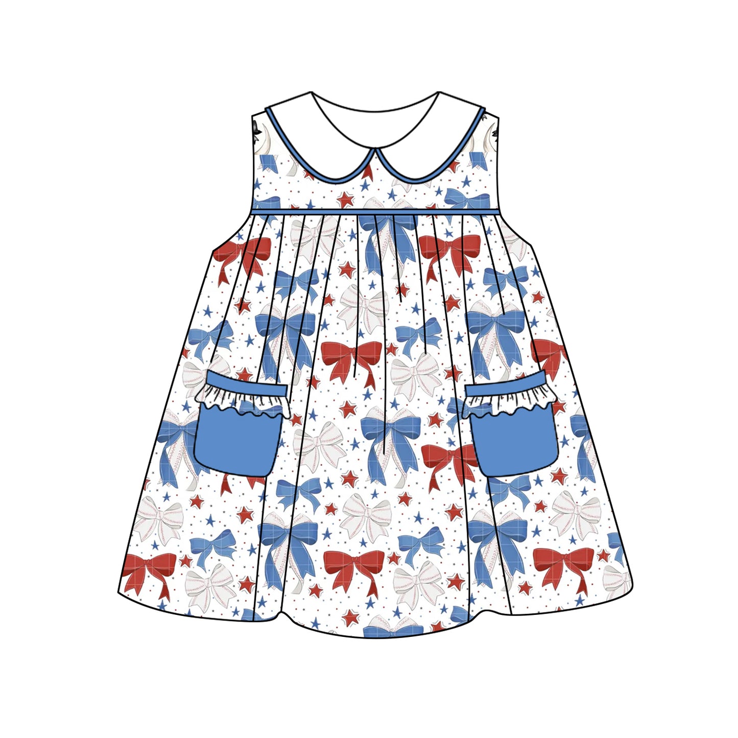 Girls Sleeveless Red Blue Bow Tunic Shorts Set 4th of July Patriotic Clothing for Kids