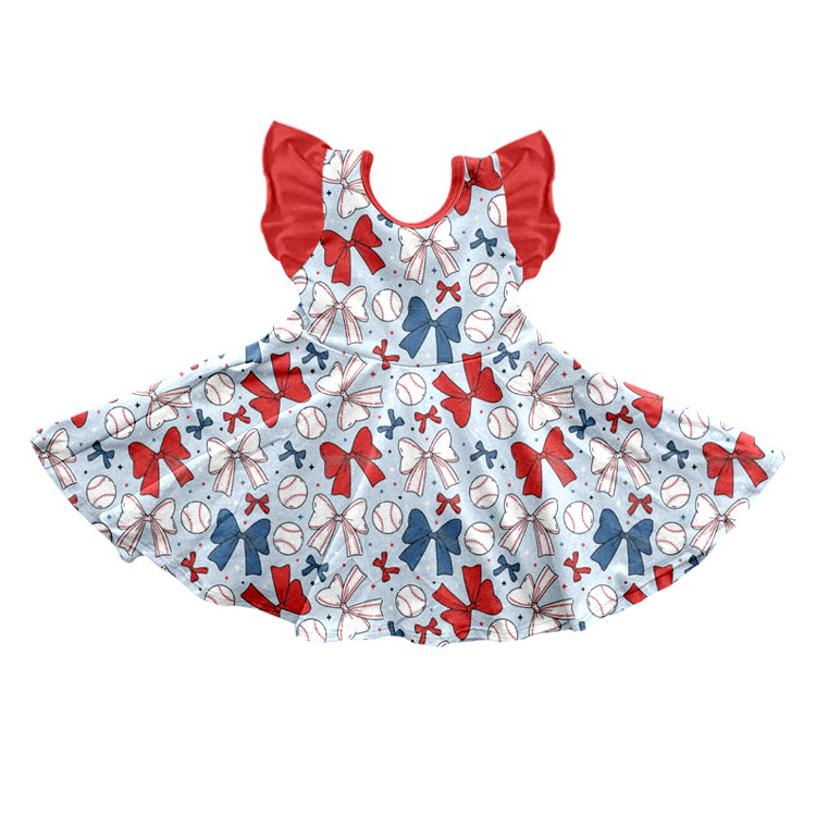 Kids Girls Sleeveless Baseball Set with Red Blue Bow Active Wear Outfit