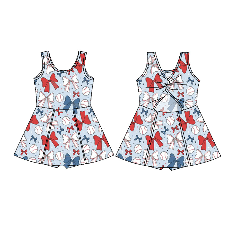Kids Girls Sleeveless Baseball Set with Red Blue Bow Active Wear Outfit