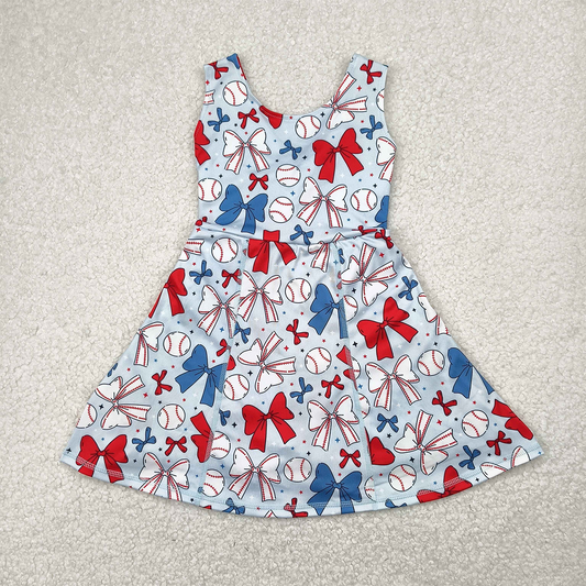 4.14 GSD2150 RTS NO MOQ Baby Girls Summer Sports Dress  Sleeveless red blue bow baseball kids girls athletic dresses