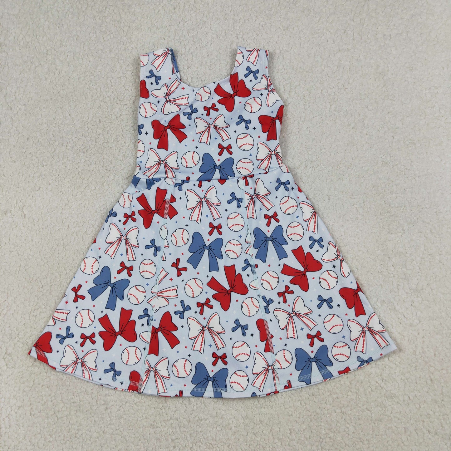 4.8 GSD2150 RTS NO MOQ （In stock) Sleeveless red blue bow baseball kids girls athletic dresses