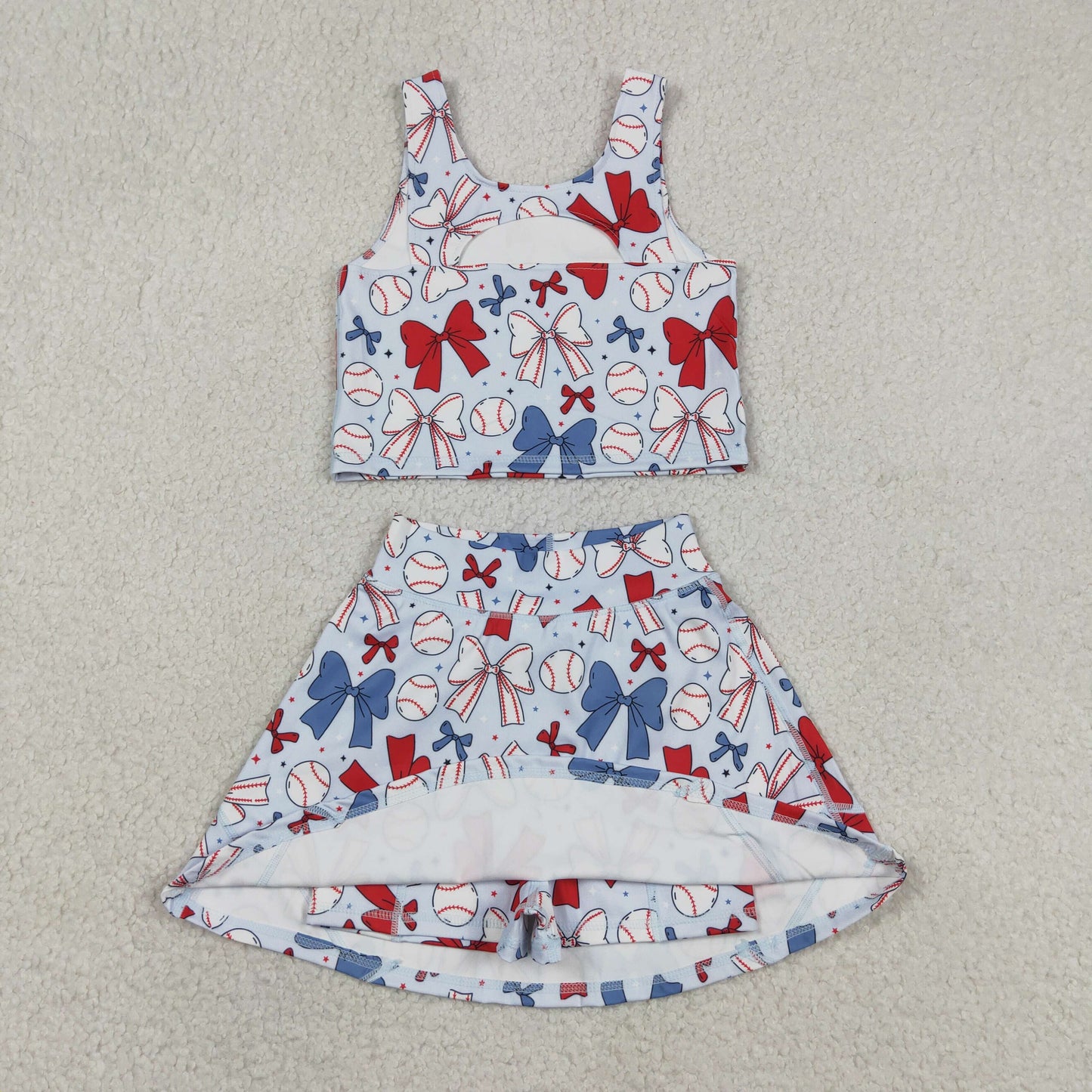 GSD2151 RTS NO MOQ （In stock ）Sleeveless baseball red blue bow kids girls active wear set