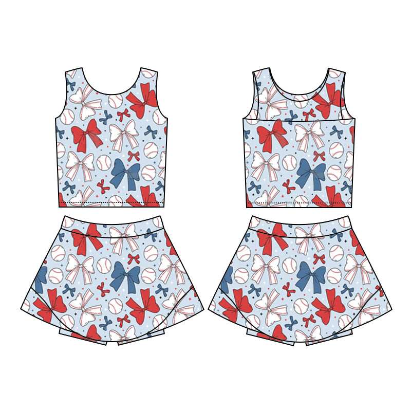 Kids Girls Sleeveless Baseball Set with Red Blue Bow Active Wear Outfit
