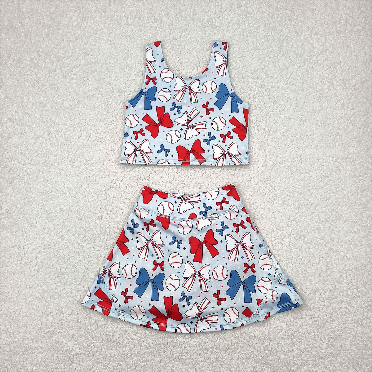 4.8 RTS Sibling Sleeveless baseball red blue bow kids girls active wear set and dresses