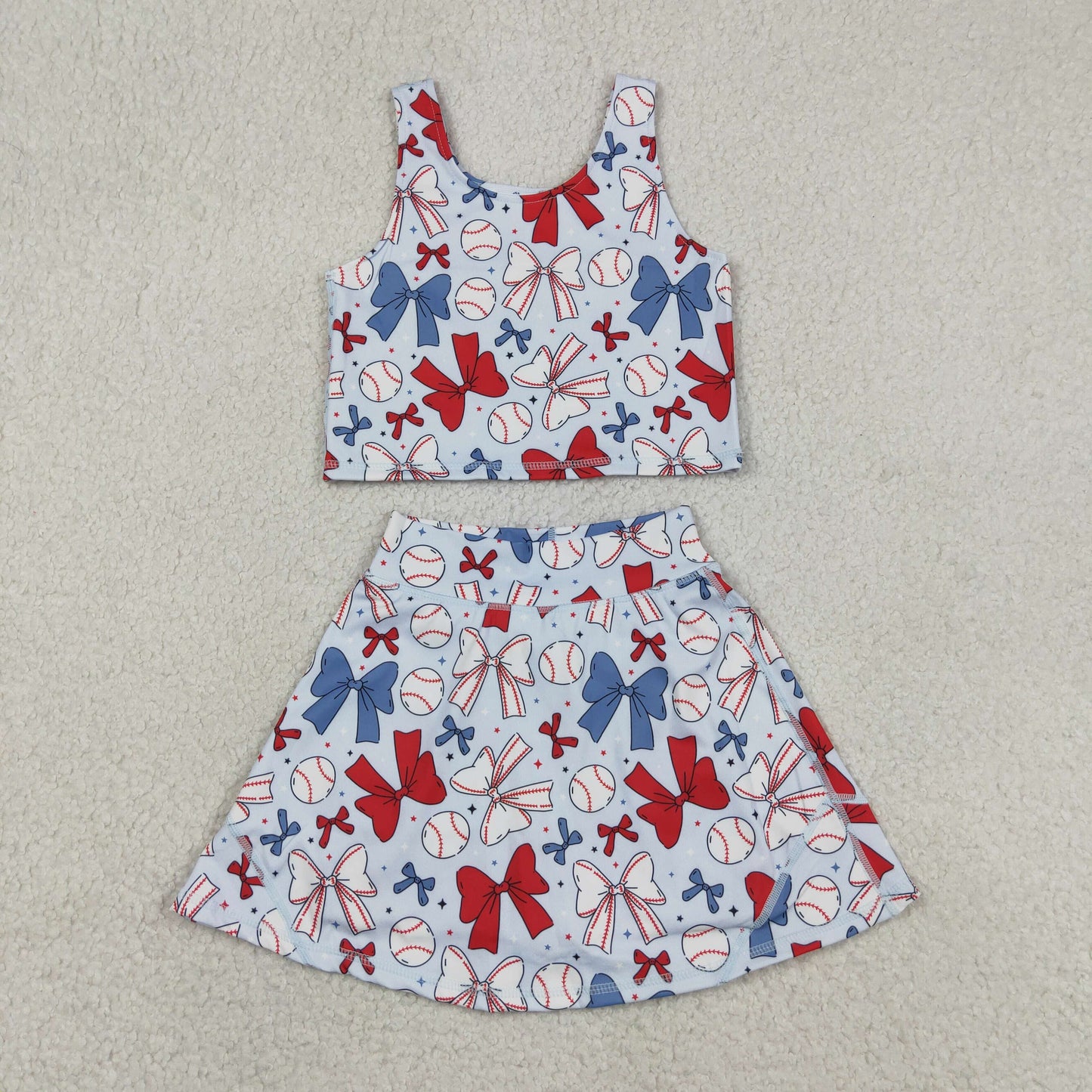 GSD2151 RTS NO MOQ （In stock ）Sleeveless baseball red blue bow kids girls active wear set