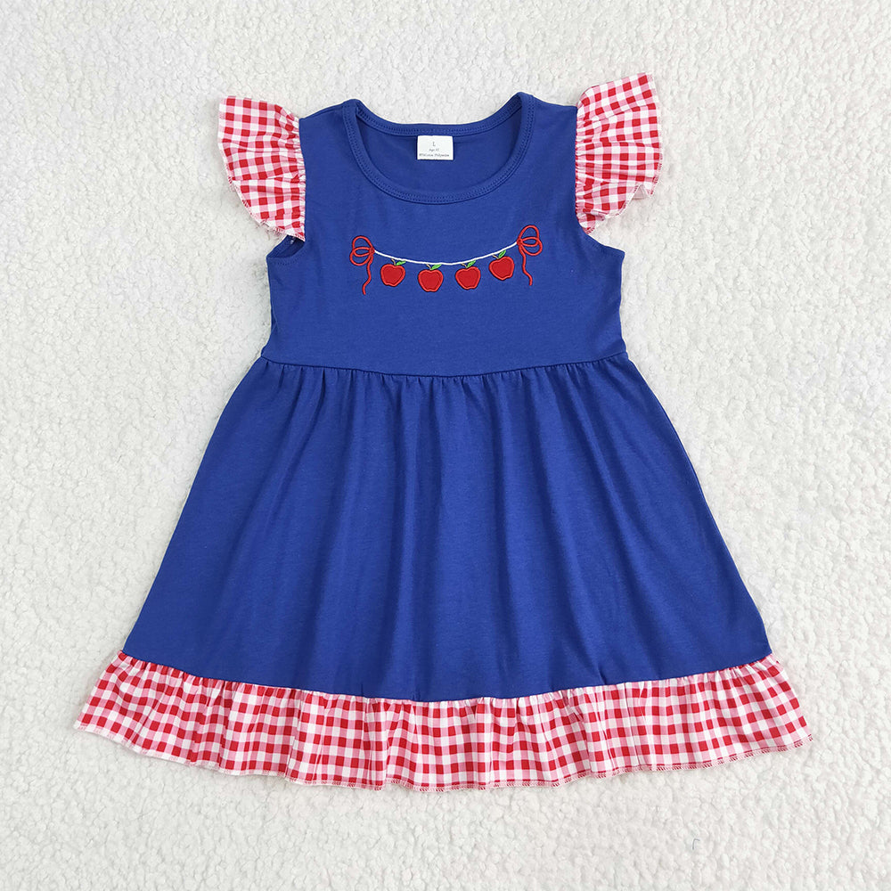 GSD2153RTS NO MOQ Baby Girls Summer Dress Embroidery  Baby Girls Red Plaid Flutter Sleeves Apples Dress