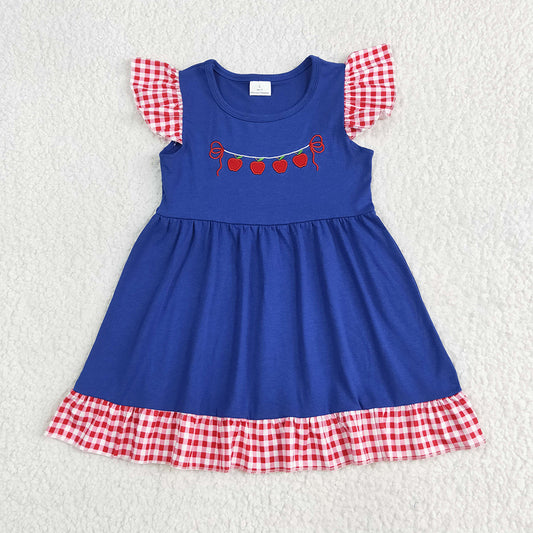 GSD2153RTS NO MOQ Baby Girls Summer Dress Embroidery  Baby Girls Red Plaid Flutter Sleeves Apples Dress