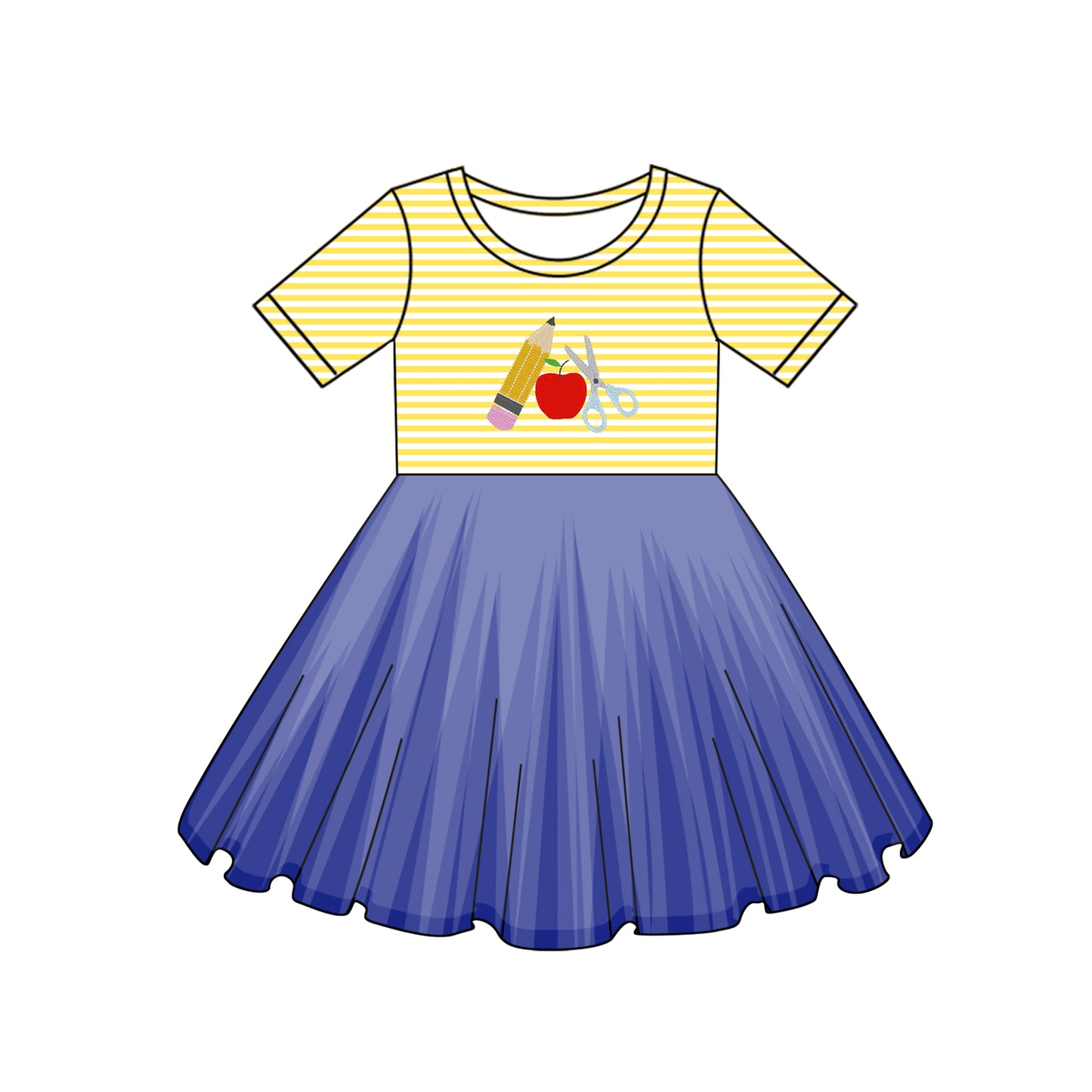 Girls Yellow Stripe Apple Pencil Back to School Dress Tulle Skirt Casual Kids Fashion
