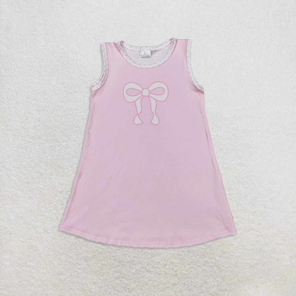 RTS Sibling Baby Girls Pink Bows Print Sleeveless Knee Length Dresses Bummies Set