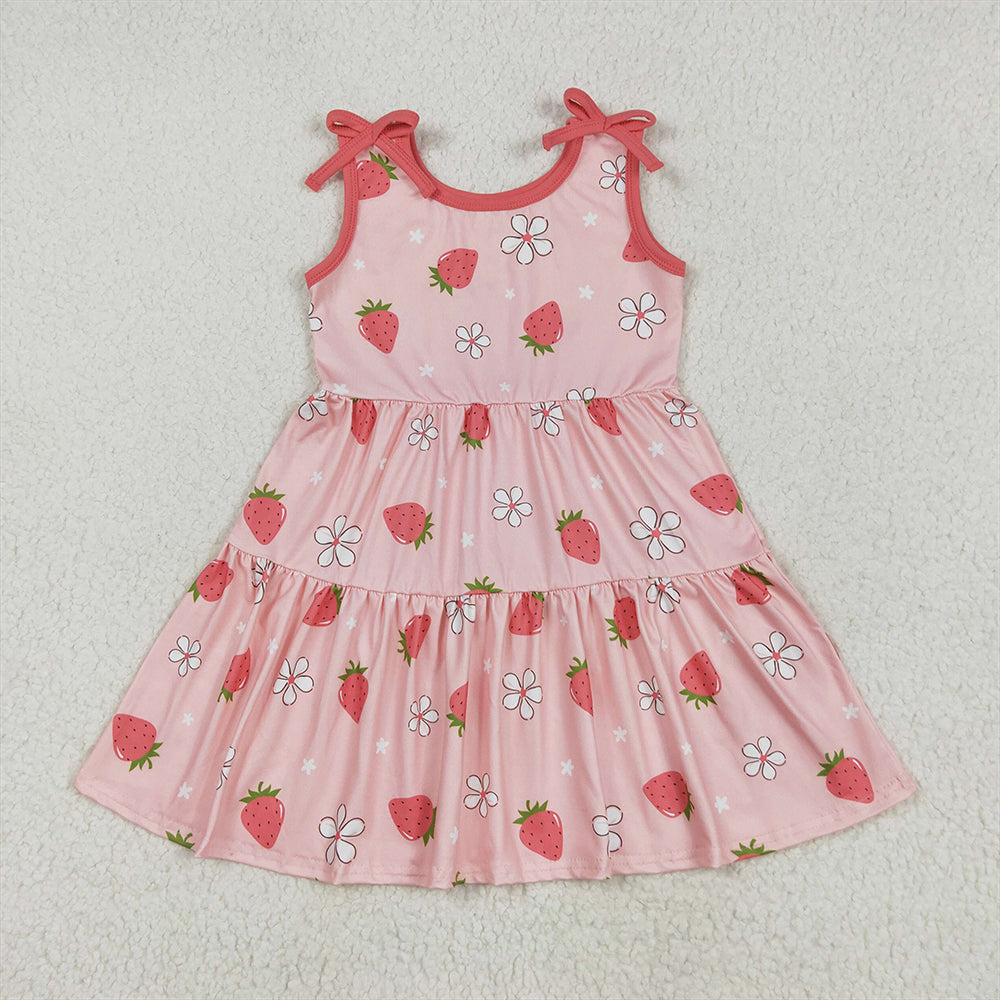 GSD2159RTS NO MOQ Baby Girls Summer Dress Strawberry Floral Patchwork Dress Sleeveless for Baby Girls Cute Print Summer Casual Wear for Little Girls