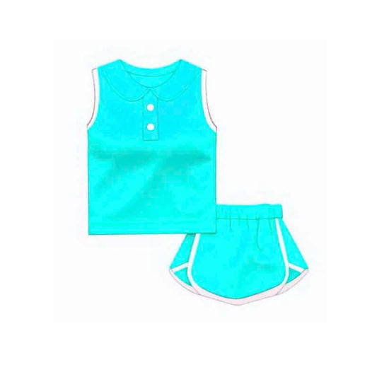 GSD2160Kids Girls Aqua Cotton Sleeveless Top Skirt Set Summer Clothing Breathable Soft Fabric Toddler Outfit