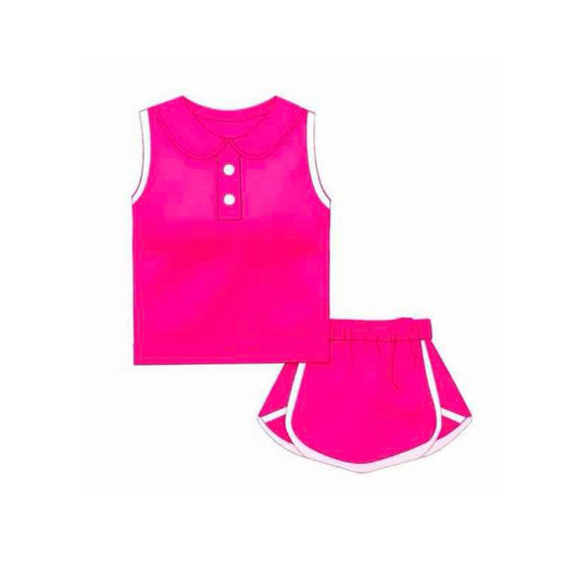 GSD2163Kids Girls Hot Pink Cotton Sleeveless Top Skirt Set Summer Clothing for Ages 4-12