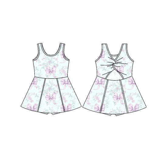 GSD2166Toddler Girls Sleeveless Lavender Bow Floral Athletic Dresses - Soft Comfortable Lightweight Girls' Summer Dress