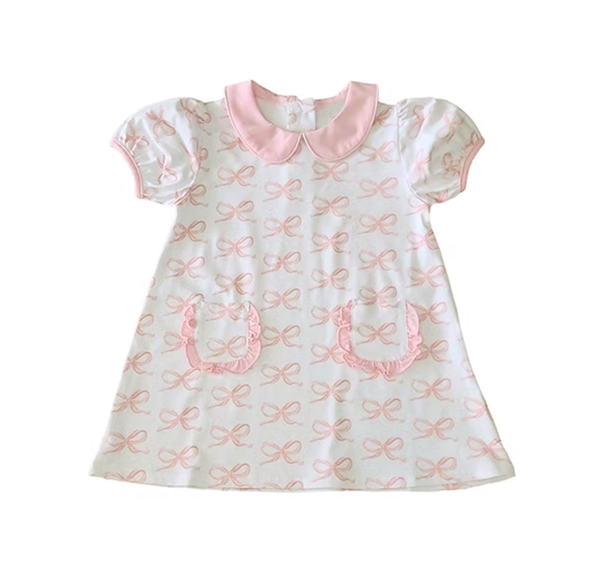 Baby Girls Pink Bow Dress with Short Sleeves And Pockets Cute Children's Clothing