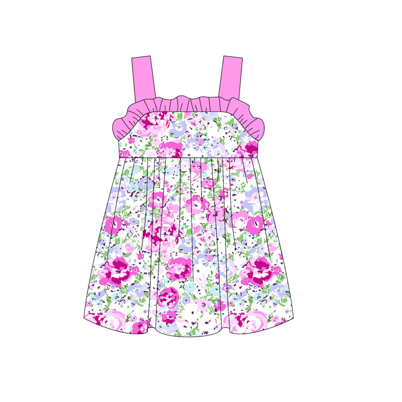 Kids Girls Pink Straps Floral Tunic Ruffle Shorts Set - Floral Print Top with Matching Ruffle Shorts - Spring/Summer Children's Outfit