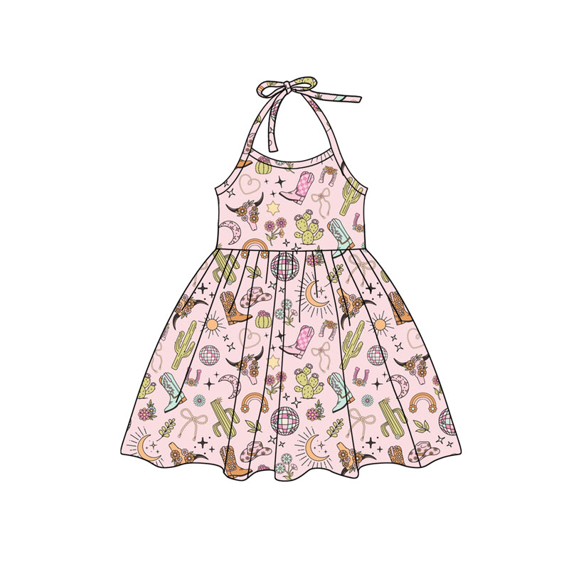 Western Girls Pajamas Set with Bow Cactus Design Halter Top And Shorts Boot Cut out Style Sleepwear for Girls