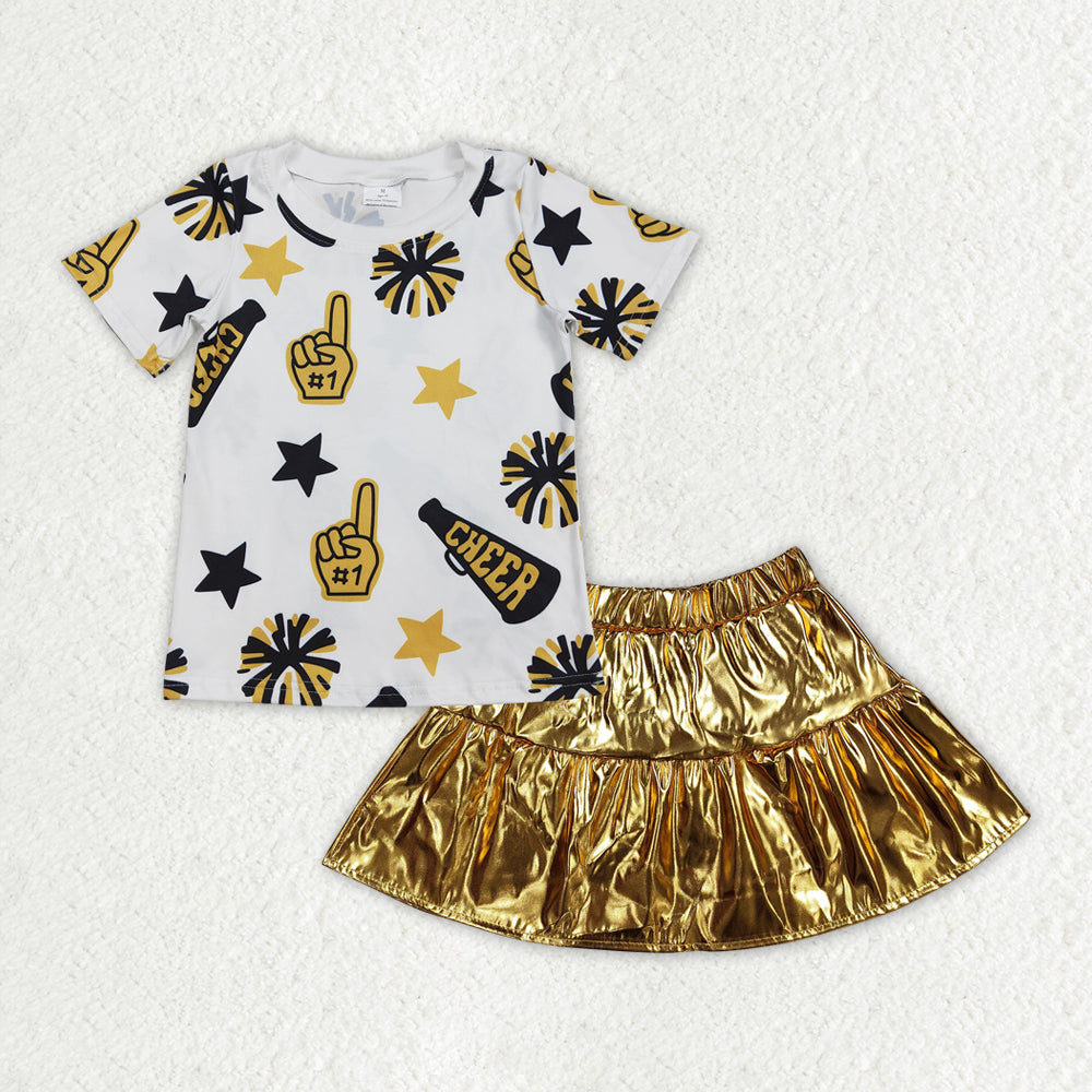 GSD2173Girls Cheering Top with Gold Skirt Short Sleeve Star Design for Children's Clothing