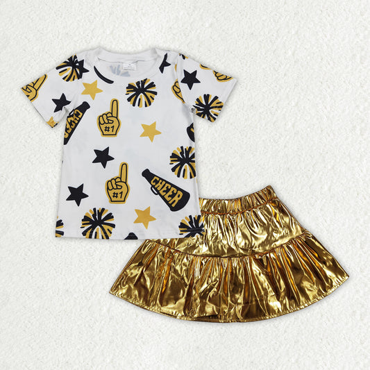 GSD2173Girls Cheering Top with Gold Skirt Short Sleeve Star Design for Children's Clothing