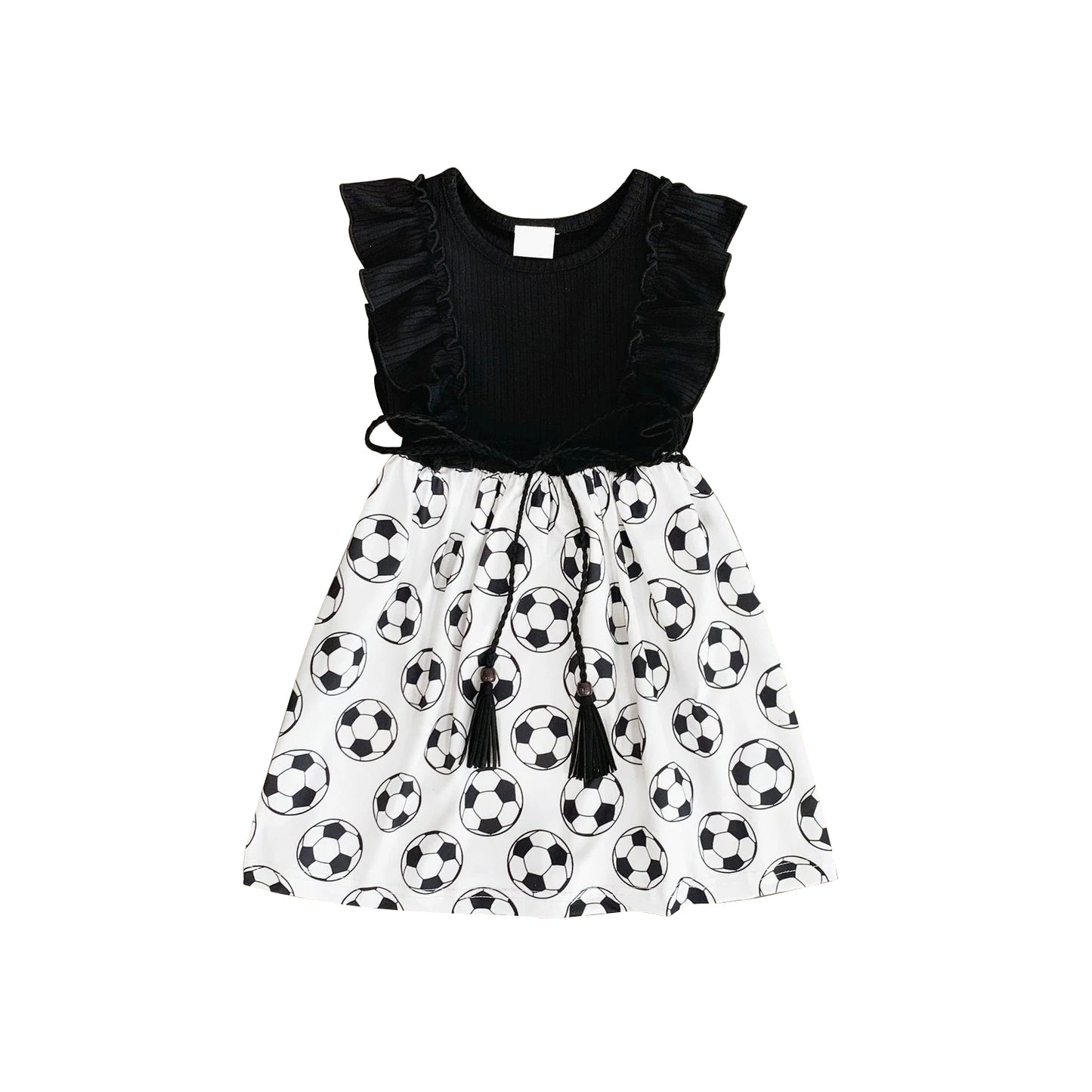 GSD2174Kids Girls Black Ruffle Soccer Dress Summer Casual Short Sleeve Dresses for Girls