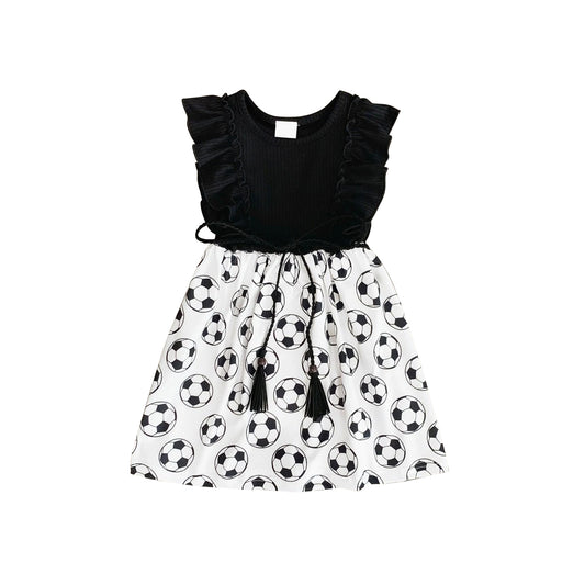 GSD2174Kids Girls Black Ruffle Soccer Dress Summer Casual Short Sleeve Dresses for Girls
