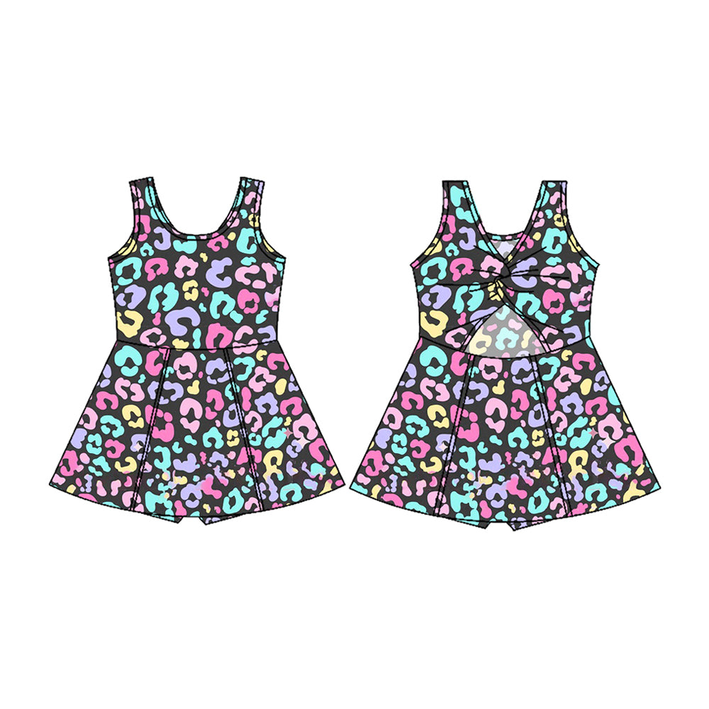 GSD2175Colorful Leopard Print Sleeveless Athletic Dress for Kids Girls - Polyester Spandex Blend Comfortable Fit