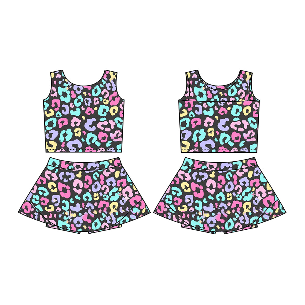 GSD2176Colorful Leopard Print Sleeveless Active Wear Set for Kids Girls - Comfortable Sportswear Ensemble